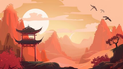 Wall Mural - Chinese_national_style_cartoon_landscape_background