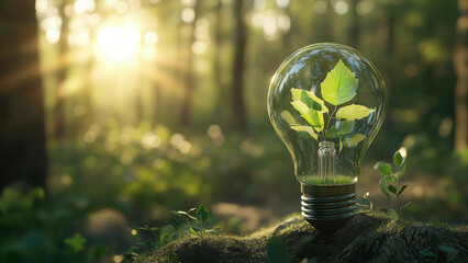 green energy concept: light bulb with growing plant.