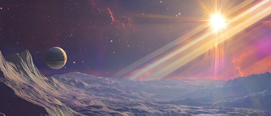 Poster - A vibrant cosmic landscape featuring planets, mountains, and a radiant sun.