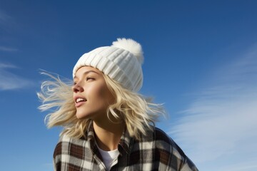 Canvas Print - A woman blonde hair wearing white short matching flannel beanie portrait adult blue.