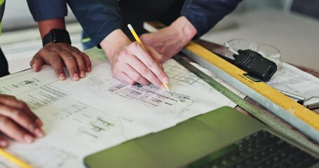 Poster - People, blueprint and contractor hands for drawing on construction site, maintenance and planning. Employees, developers and design layout for building renovation, documents for floor infrastructure