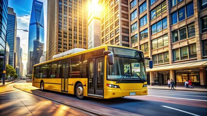 A bright yellow city bus with open doors stands at a bustling urban street corner, surrounded by towering buildings and blurred motion of passing traffic.