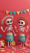 © peerasak - Colorful skeletons celebrate in festive attire against a vibrant backdrop, embodying a joyful, cultural theme.