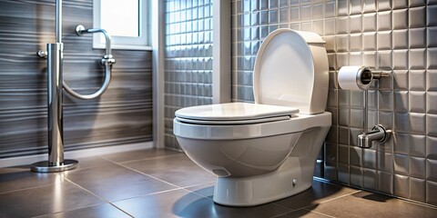 A clean, modern toilet with a gleaming porcelain bowl, sleek metal handle, and a hint of bathroom tile in the blurred background.