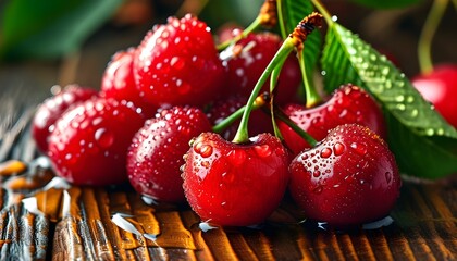 Wall Mural - Juicy Red Cherries with Water Droplets on Rustic Wooden Table, Embracing Natural Summer Freshness for Healthy Eating