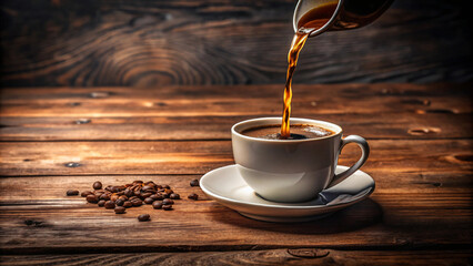 isolated cup of fresh, dark brown coffee with a steaming cup on a wooden table, perfect for a cozy m