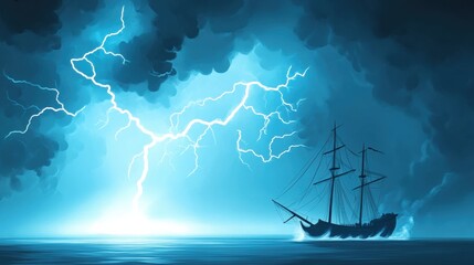 Wall Mural - Dramatic Storm with Ship and Lightning Over Ocean