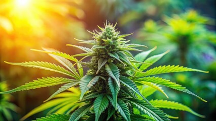 A close-up shot of a mature cannabis plant with vibrant green leaves and buds, set against a blurred outdoor background with natural light filtering through.