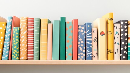 A row of colorful books with a variety of patterns and designs