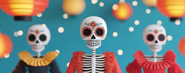 Colorful skeleton figures with festive decorations on background