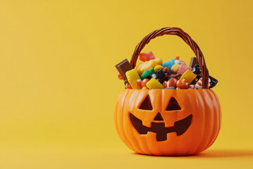 Wall Mural - Dynamic Shot of Halloween Candy from Pumpkin Basket on Yellow Surface