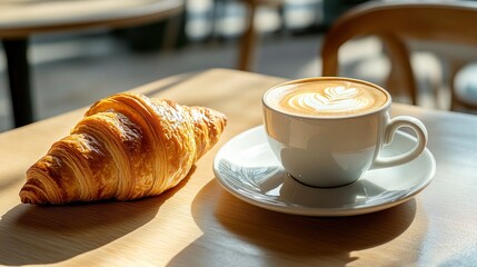 A cup of cappuccino and croissant on a table in a cafe, morning sunlight falls on the table