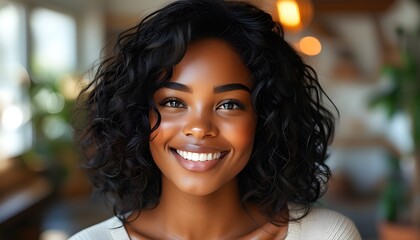 Joyful Radiance: Close-Up of Black Woman with Natural Curly Hair in Warm Indoor Lighting