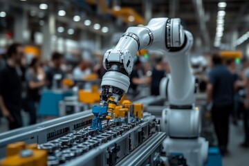 A photograph depicts a robotic arm at an industrial show, holding yellow and blue tools in the background. Generative AI