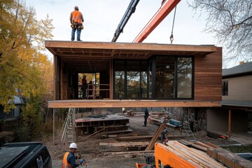 Modular house under construction with wooden panels being assembled by workers in safety gear, supported by a crane and surrounded by construction equipment and tools.