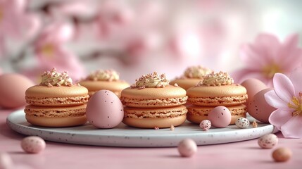 Sweet macaroons surrounded by pastel eggs and cherry blossoms evoke spring's charm