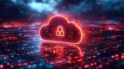 futuristic neon cloud icon with glowing padlock symbolizing data security abstract digital background with grid patterns and flowing light streams