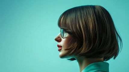 Classic Bob Haircut on a Woman Against Blue Background