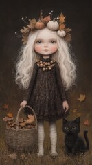 Canvas Print - A painting of a little girl and a black cat