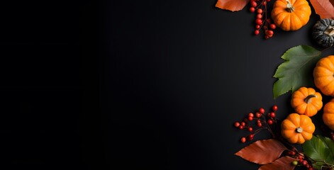 Black Background Fall Leaves Pumpkins Berries