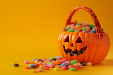 Wall Mural - Festive Halloween Scene Colorful Candy Overflowing from Pumpkin Basket