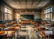© sanom - A deserted and dimly lit educational space with rows of vacant desks, chairs, and empty blackboards, surrounded by closed curtains and faded wall decorations.