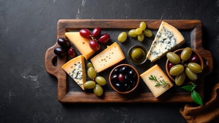 Wall Mural - Cheese platter with olives on stone table background