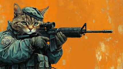 Fierce military cat with rifle on orange