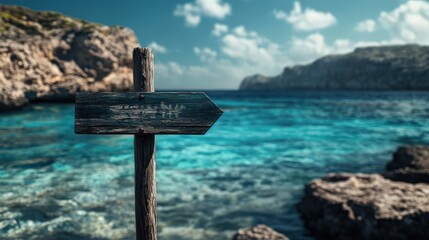 A weathered wooden signpost, pointing left, stands near a bright turquoise ocean lagoon, with rocky landscape in the background under a clear sky.