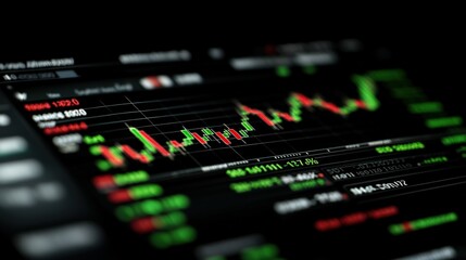 Detailed financial chart displays fluctuating stock market data with green and red candlesticks, reflecting market volatility and investor sentiment in a dynamic setting.