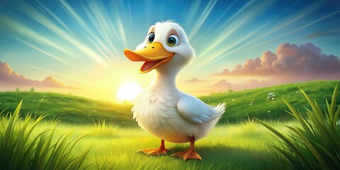 Adorable cartoon goose with bright yellow beak and feet, soft fluffy white feathers, and big curious eyes standing on a sunny green meadow.