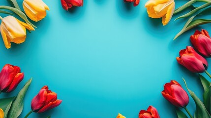 Wall Mural - A vibrant arrangement of tulips in red, yellow, and pink on a blue background.