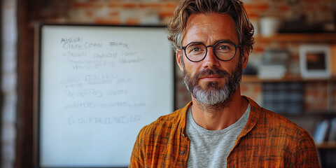 professional man with glasses stands confidently in front of whiteboard, ready to share his knowledge. His warm expression and casual attire create inviting atmosphere for learning