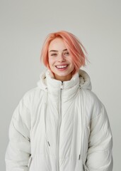 Wall Mural - A happy European woman with short straight pink hair wearing a white puffer jacket smile sweatshirt clothing.