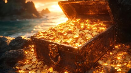 Wall Mural - glowing treasure chest overflowing with golden coins mysterious island backdrop