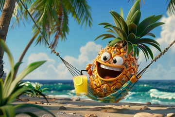 Cute cartoon pineapple in a hammock under palm trees on a tropical island.