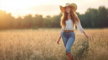 A young woman in a cowboy hat smiles while walking through a golden field at sunset, embracing a serene moment in nature