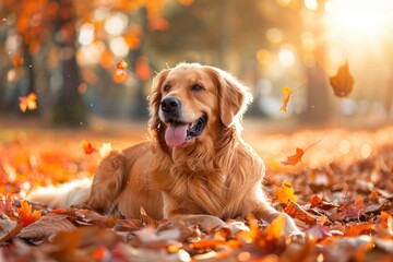 Wall Mural - Happy Golden retriever lay on maple leafs and fall autumn leaves outdoor.