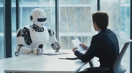 Robot and human seated at a conference table, discussing business strategy in a futuristic office. No logo, focus on collaboration.