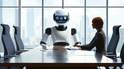 Robot sitting across from a human at a conference table, emphasizing role in business decisions. No logos, futuristic workspace.