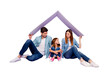 © deagreez - Family portrait of three members sitting floor under new roof wear casual clothes isolated purple background