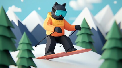 A playful illustration of a cat character skiing down a snowy slope, wearing an orange jacket and blue goggles, surrounded by green pine trees and mountains in the background.