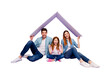 © deagreez - Portrait of three family members sitting floor under new roof wear casual clothes isolated purple background
