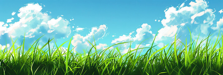 Grass Green Fields Background with Tiny Clouds