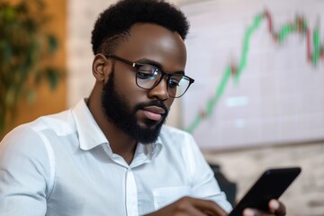 Wall Mural - Man in glasses checks financial data on smartphone in a modern office setting with stock market charts in the background