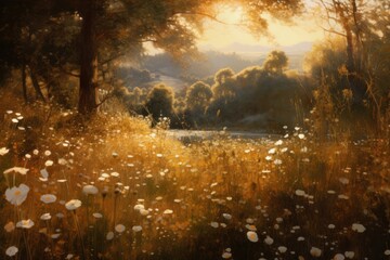 Poster - Meadow landscape outdoors painting.