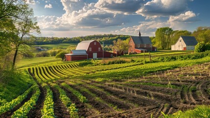 Sticker - Farm Landscape with Green Field and Red Barn