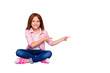 © deagreez - Full length photo of foxy little lady sitting floor indicating fingers empty space wear casual clothes isolated purple background