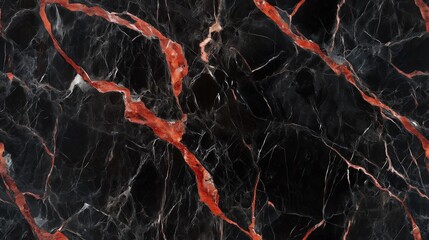 Close-up of black marble with bold red veins, creating a dramatic and striking design