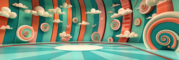 Wall Mural - A retro game show set, harkening back to the 1950s, in shades of teal and coral, complete with swirling cloud patterns and swooping angles.